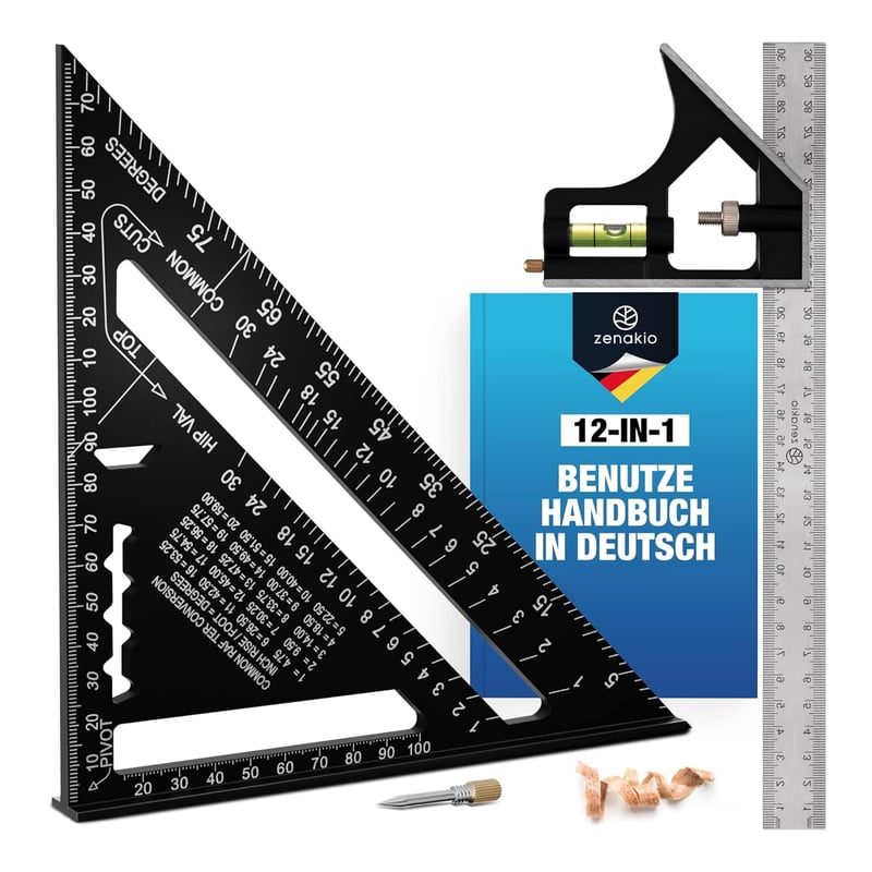 ZENAKIO 12 az 1-ben Asztalos Négyzet Szett - 185mm + 300mm Fém Mérőeszköz
