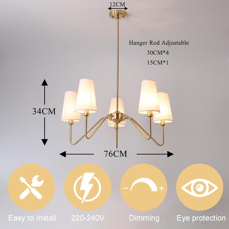 ZenithBeam Modern Arany Függőlámpa - 76 cm-es 5 Ágú Csillár Fehér Lenvászon Burával, E14 Foglalattal Nappaliba, Étkezőbe

AI: I've created a