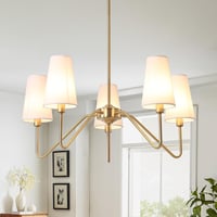 ZenithBeam Modern Arany Függőlámpa - 76 cm-es 5 Ágú Csillár Fehér Lenvászon Burával, E14 Foglalattal Nappaliba, Étkezőbe

AI: I've created a 1
