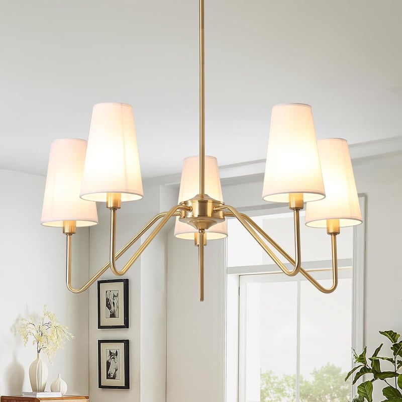 ZenithBeam Modern Arany Függőlámpa - 76 cm-es 5 Ágú Csillár Fehér Lenvászon Burával, E14 Foglalattal Nappaliba, Étkezőbe

AI: I've created a