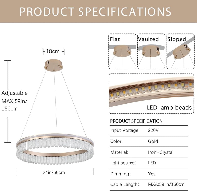 ZenithBeam Modern LED Kristály Függőlámpa 28W Dimmer Arany Étkezőasztal