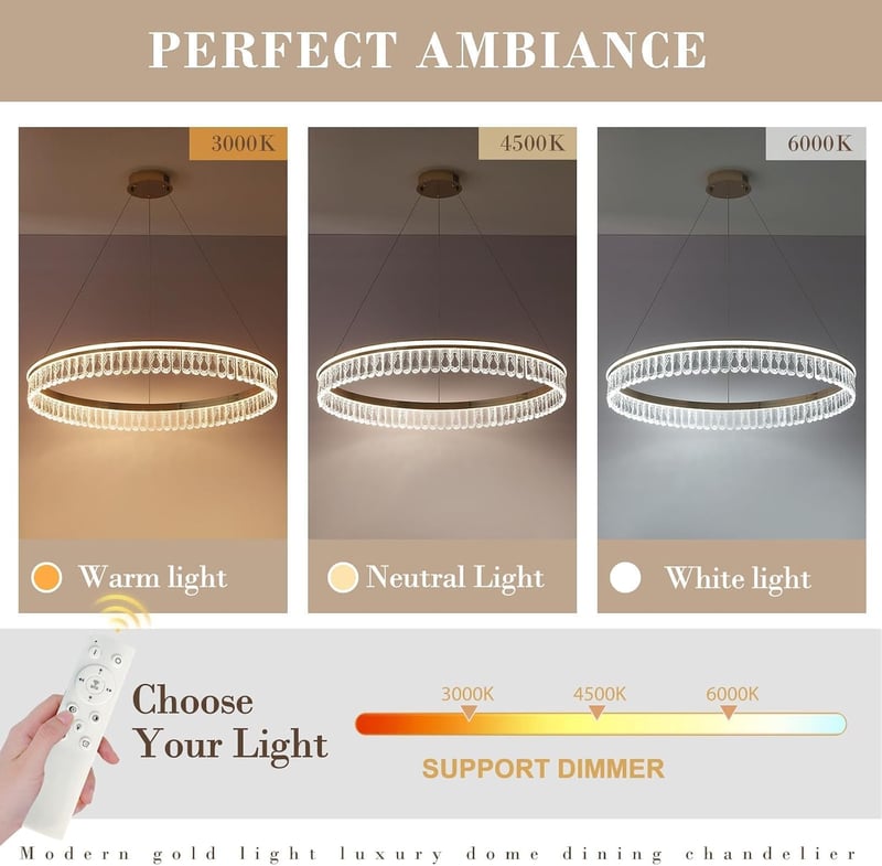 ZenithBeam Modern LED Kristály Függőlámpa 28W Dimmer Arany Étkezőasztal