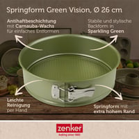 Formă de tort cu arc Zenker Green Vision, diametru 26 cm, margine înaltă, înveliș antiaderent vegan, verde, cu 2 baze 3