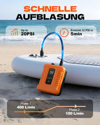 Nabíjateľná elektrická pumpa na paddleboard Zenmos s funkciou auto-stop, dvojstupňový kompresor, LED displej, oranžová, na kempovanie a cestovanie 2
