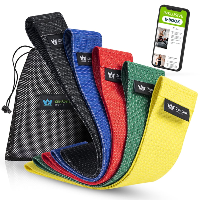 Set Benzi Elastice Textile ZenOne Sports, 3 Niveluri de Rezistență - Set Benzi pentru Antrenament de Forță, Încălzire, cu Plan de Antrenament Inclus