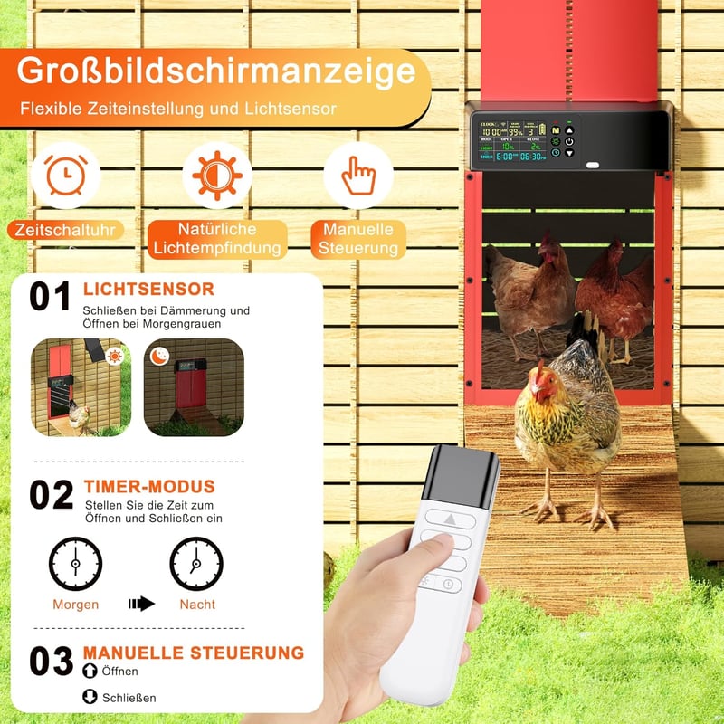 ZenxyHoC Automata Csirkecoop Ajtó Napelemes Távirányítóval 4 Módú LCD Kijelzővel