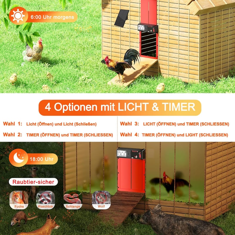 ZenxyHoC Automata Csirkecoop Ajtó Napelemes Távirányítóval 4 Módú LCD Kijelzővel