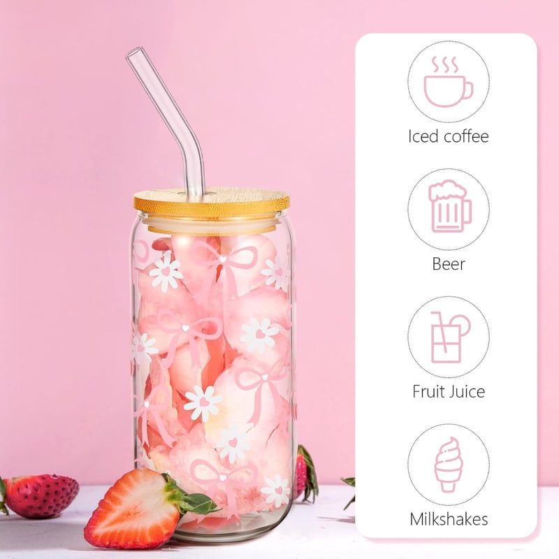 Zernblend üvegpohár 16oz tetővel és szívószállal, rózsaszín, esztétikus szett