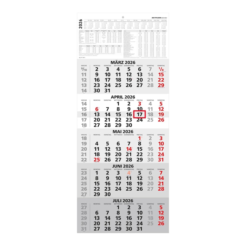 Zettler 5-mjesečni zidni kalendar 2026 - 33×72 cm, s kliznim pokazivačem datuma