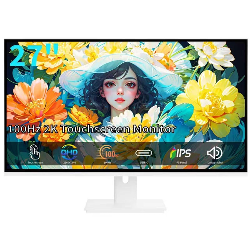 ZFTVNIE 27" gaming monitor osjetljiv na dodir, 2K, IPS, 100Hz, QHD 2560x1440 - bijeli