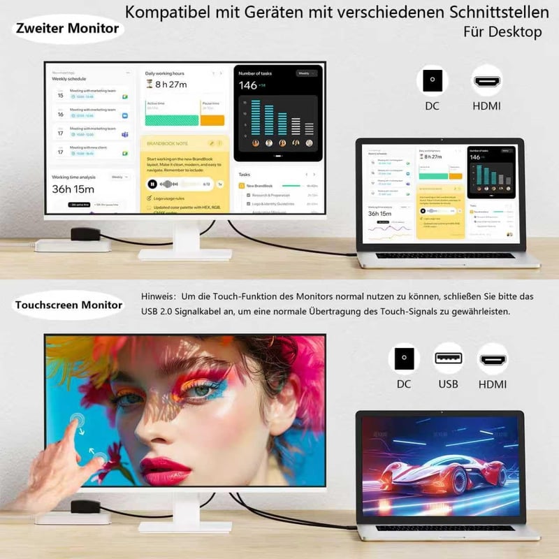 ZFTVNIE 27 hüvelykes érintőképernyős 2K játék monitor IPS 10 pontos érintéssel 100Hz QHD 2560x1440 HDMI VGA USB-C beépített hangszóró fehér