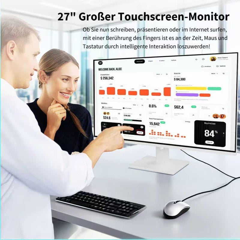 ZFTVNIE 27 hüvelykes érintőképernyős 2K játék monitor IPS 10 pontos érintéssel 100Hz QHD 2560x1440 HDMI VGA USB-C beépített hangszóró fehér