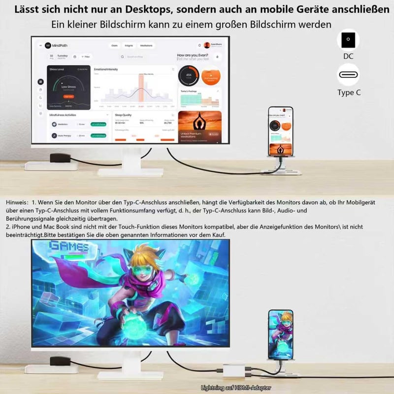 ZFTVNIE 27 hüvelykes érintőképernyős 2K játék monitor IPS 10 pontos érintéssel 100Hz QHD 2560x1440 HDMI VGA USB-C beépített hangszóró fehér