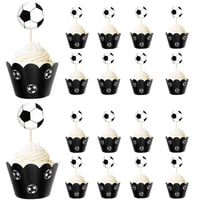 Futbalová dekorácia na muffiny ZHIQIN – 36 ks zapichovačov a košíčkov na cupcakes na detskú narodeninovú oslavu, baby shower a zdobenie tort, čierno-biele 1