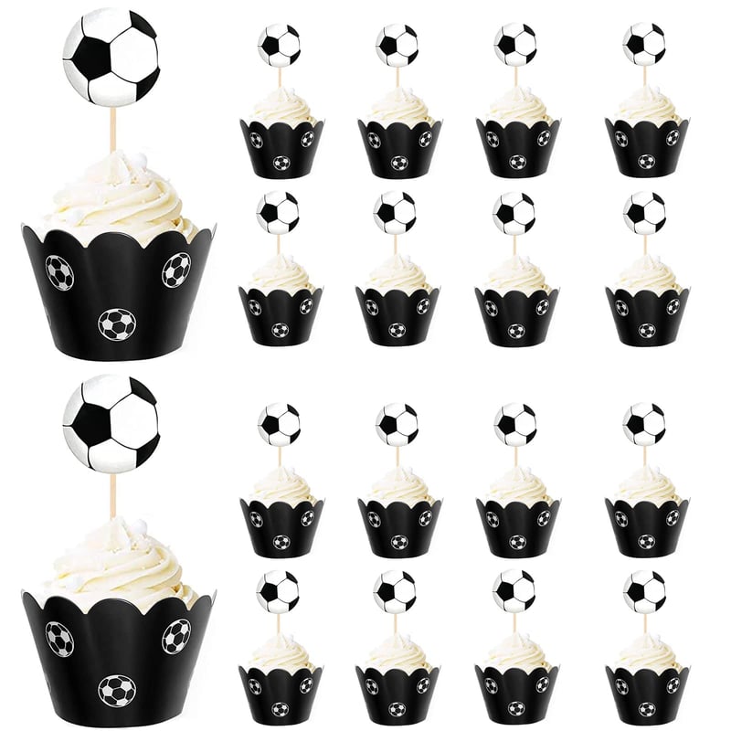 Futbalová dekorácia na muffiny ZHIQIN – 36 ks zapichovačov a košíčkov na cupcakes na detskú narodeninovú oslavu, baby shower a zdobenie tort, čierno-biele