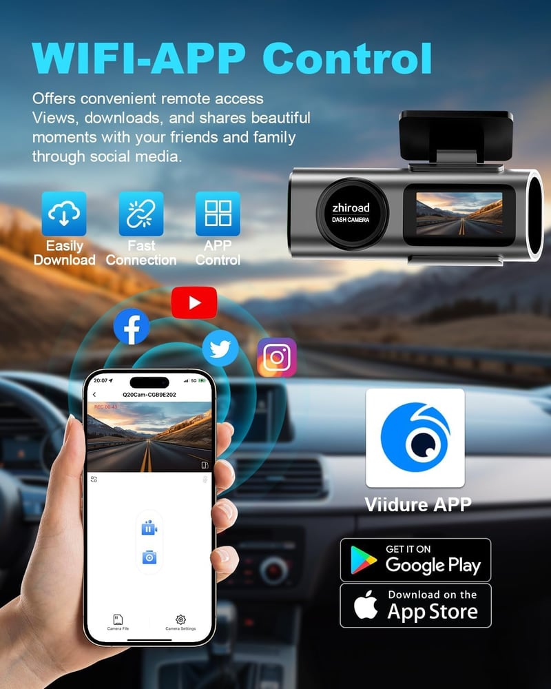 zhiroad 4K WiFi Autós Menetrögzítő Kamera 64GB SD Kártyával, 1.47" IPS Kijelző, 170° Széles Látószög, Éjjellátó, Parkoló Mód - 4K Front
