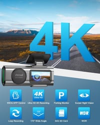 zhiroad 4K WiFi Autós Menetrögzítő Kamera 64GB SD Kártyával, 1.47" IPS Kijelző, 170° Széles Látószög, Éjjellátó, Parkoló Mód - 4K Front 2