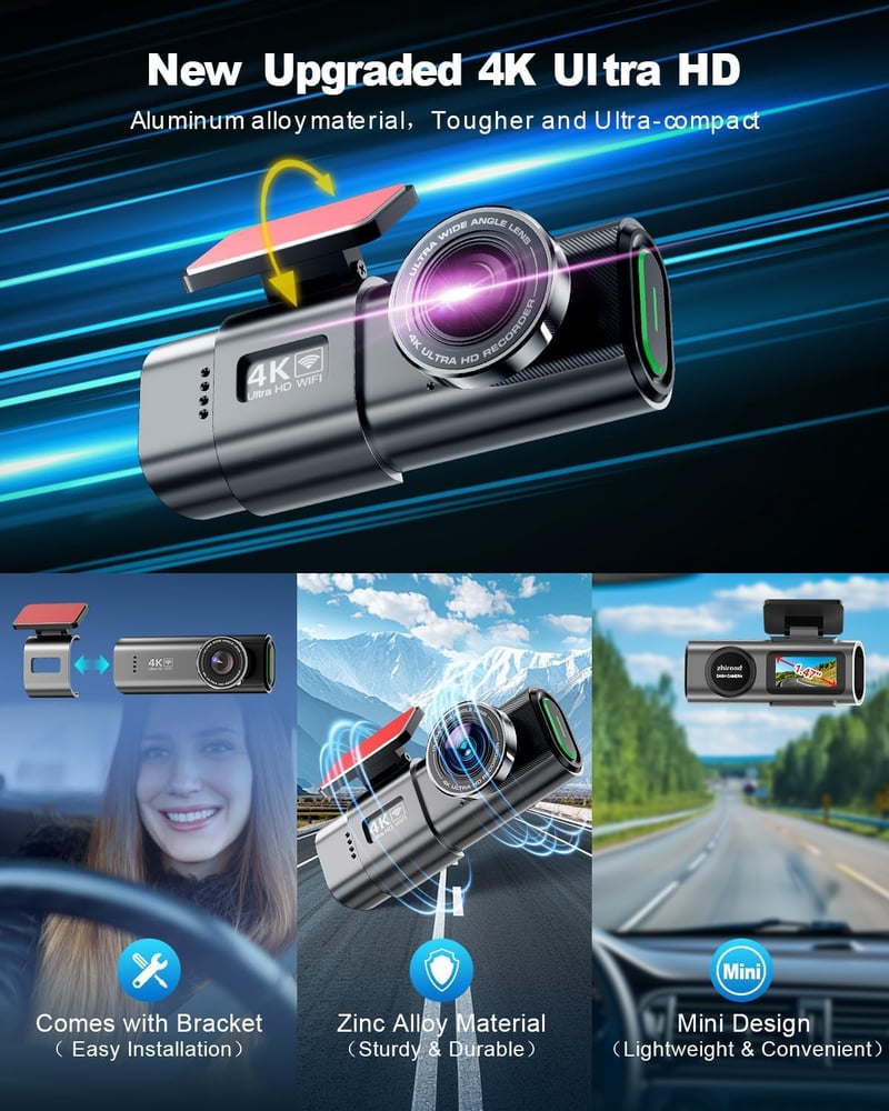 zhiroad 4K WiFi Autós Menetrögzítő Kamera 64GB SD Kártyával, 1.47" IPS Kijelző, 170° Széles Látószög, Éjjellátó, Parkoló Mód - 4K Front