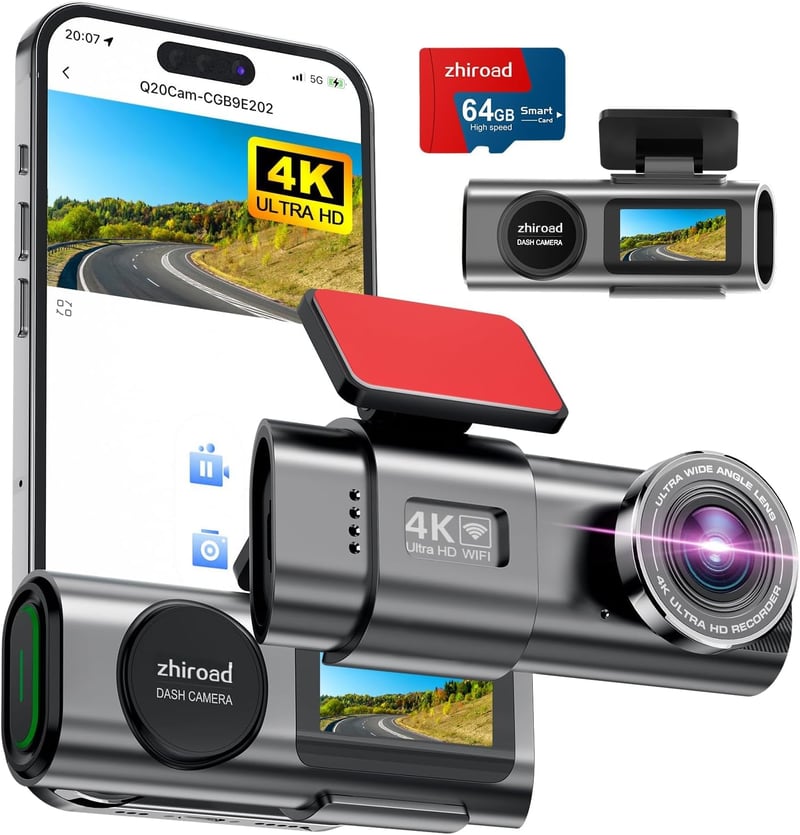 zhiroad 4K WiFi Autós Menetrögzítő Kamera 64GB SD Kártyával, 1.47" IPS Kijelző, 170° Széles Látószög, Éjjellátó, Parkoló Mód - 4K Front