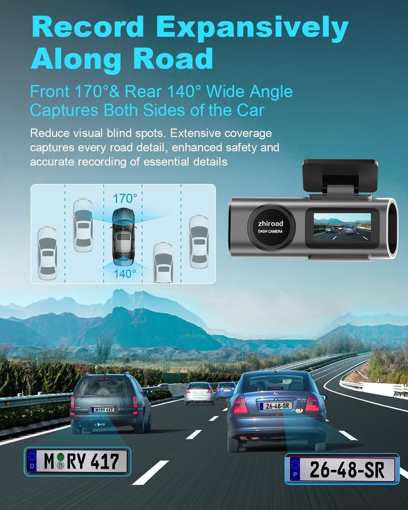 zhiroad Autós Menetrögzítő Kamera 4K Elöl Hátul, WiFi Dash Cam Parkolás Figyelő, 64GB SD Kártya, Éjjellátó, 170°+140° Látószög