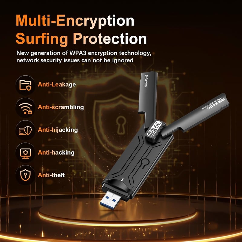 ZHITING WiFi 6E USB WLAN adapter PC-hez, AXE5400 tri-band 6GHz/5GHz/2.4GHz, WPA3 titkosítás