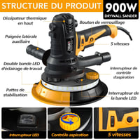 Șlefuitor pentru gips-carton ZHJAN 900W, telescopic, cu mâner LED, 5 trepte de viteză 1400-2700 rpm, pentru șlefuire dură și fină, include 12 discuri abrazive și sac de colectare a prafului 5