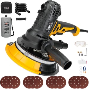 Șlefuitor pentru gips-carton ZHJAN 900W, telescopic, cu mâner LED, 5 trepte de viteză 1400-2700 rpm, pentru șlefuire dură și fină, include 12 discuri abrazive și sac de colectare a prafului