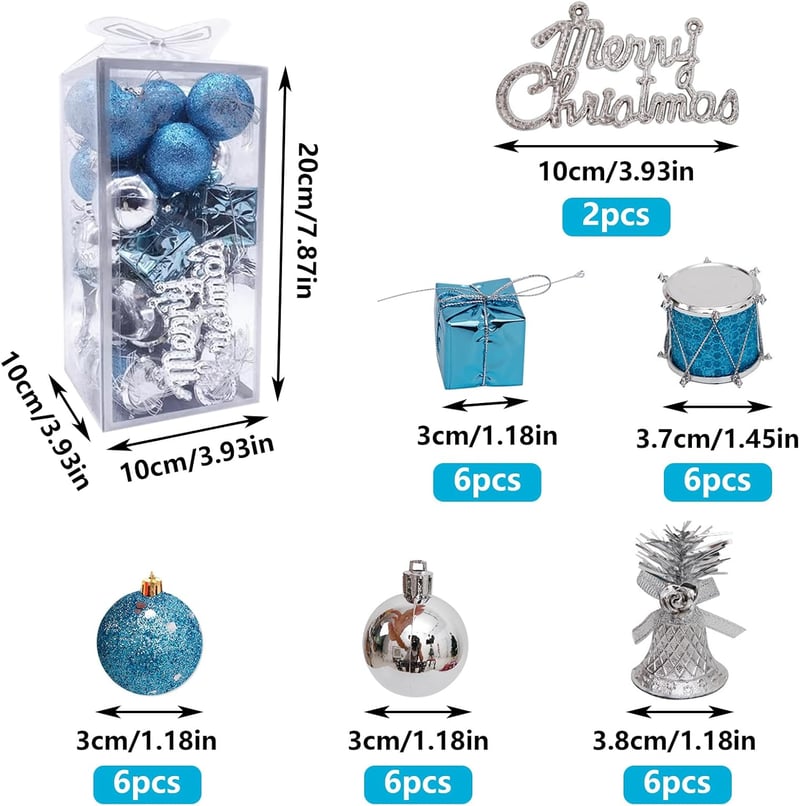 ZHMKYD13 Karácsonyi Gömbdísz Szett - 32 db Kék-Ezüst Matt és Fényes Mini Műanyag Gömb - Törhetetlen Karácsonyfa Dekoráció 80-155 mm