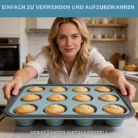 ZHUDALA Silikónová forma na 12 muffinov s kovovým rámom – nepriľnavá, bez BPA, na pečenie cupcakov, brownies a pudingov, bielo-čierna, 12 ks 5