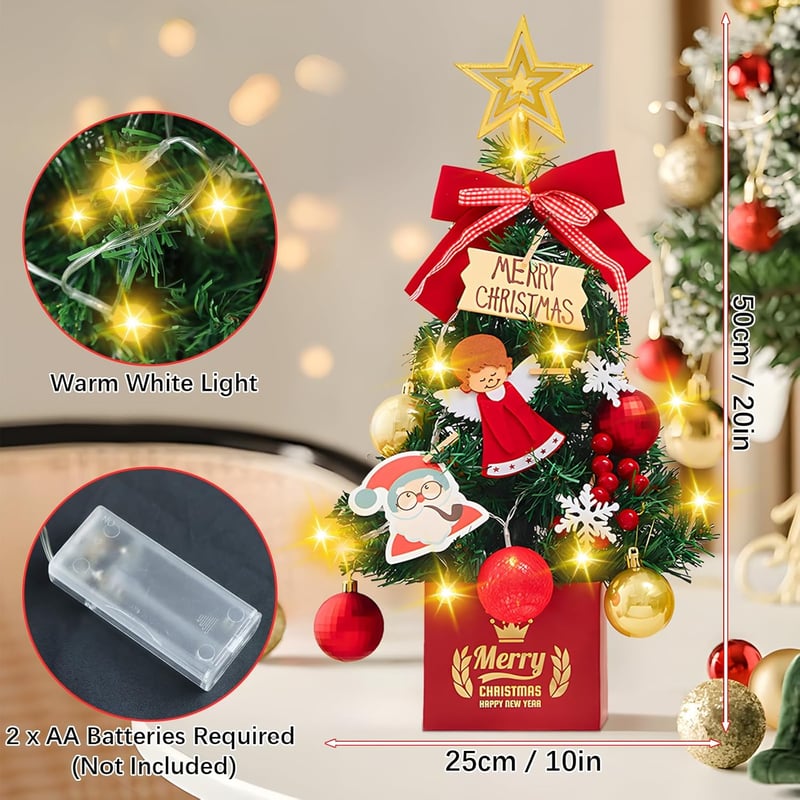 Zhwidnerso 50 cm Mini Karácsonyfa LED Világítással - Élethű Asztali Műfenyő Dekorációval, Kompakt Méretű Világító Fenyőfa Karácsonyi Díszíté