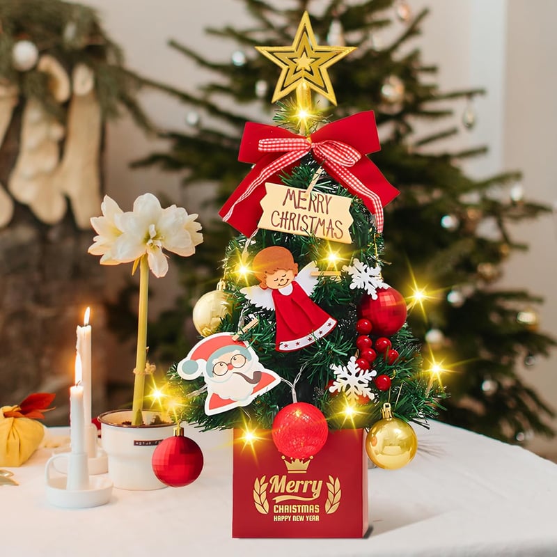 Zhwidnerso 50 cm Mini Karácsonyfa LED Világítással - Élethű Asztali Műfenyő Dekorációval, Kompakt Méretű Világító Fenyőfa Karácsonyi Díszíté