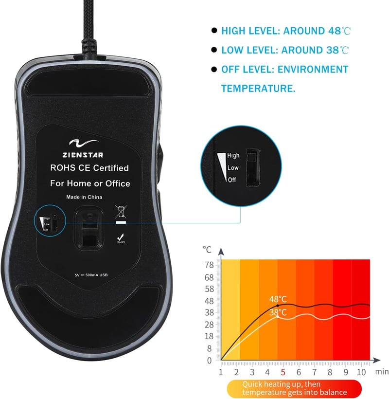 Zienstar Fűthető Egér USB Gaming Mouse Melegítő Fekete 38-48°C