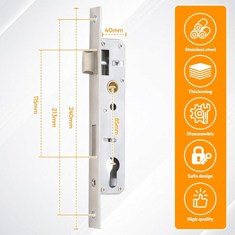 Zinueen Box lock, hengerzár betétes ajtózárbetét, falazható zár, 25 mm hátraszúrás, inox nemesacél, DIN bal vagy jobb, kerti kapu és bejárat