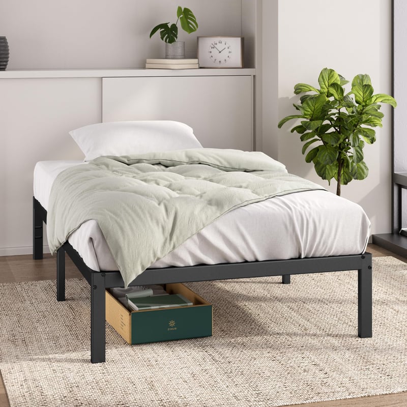 Zinus Elias metalni krevet 100x200 cm - Metalni okvir kreveta s podnicama, visina platforme 36 cm, s prostorom za odlaganje, crni