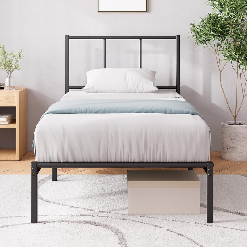 Kovová posteľ Zinus Justin s čelom a roštom – 90x200 cm, výška 35 cm – Bez potreby pružinového matraca (box spring) – Úložný priestor pod posteľou – Moderný dizajn – Čierna