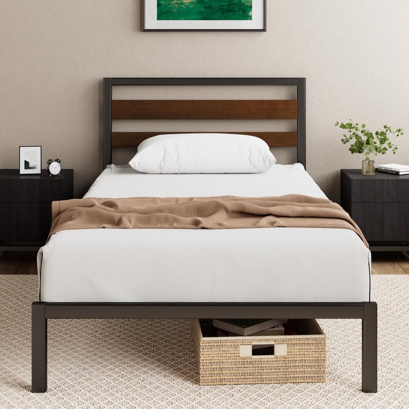 Zinus Kai fém ágykeret bambusz fejvéggel, 90x190 cm, 80 cm magasság, lécezett aljzat, fekete-barna