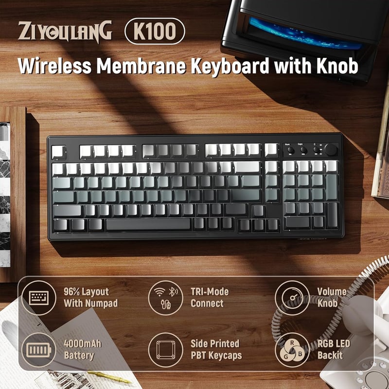 ZIYOU LANG K100 Wireless Gaming Billentyűzet, Tri-Mode, RGB Háttérvilágítás, 102 Gomb, 4000mAh