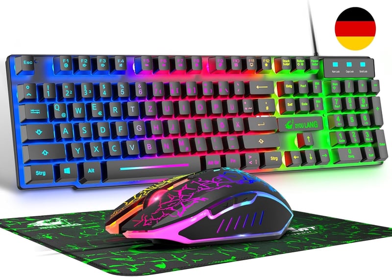 ZIYOU LANG QWERTZ Német Gamer Billentyűzet Egér Szett RGB LED Világítás 2400 DPI PC PS5 PS4 Xbox