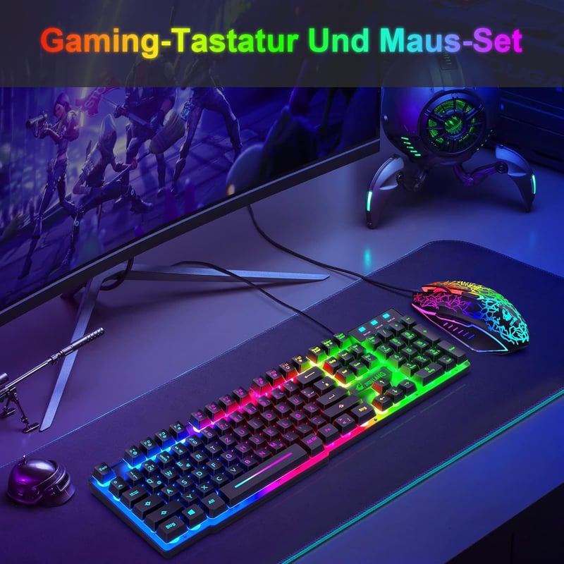 ZIYOU LANG QWERTZ Német Gamer Billentyűzet Egér Szett RGB LED Világítás 2400 DPI PC PS5 PS4 Xbox