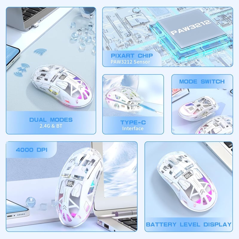 ZIYOU LANG Vezeték Nélküli Gaming Egér, PixArt PAW3212 Dual Mode 2.4G/Bluetooth Átlátszó RGB Háttérvilágítás, 4000DPI 5 Szint, Fehér