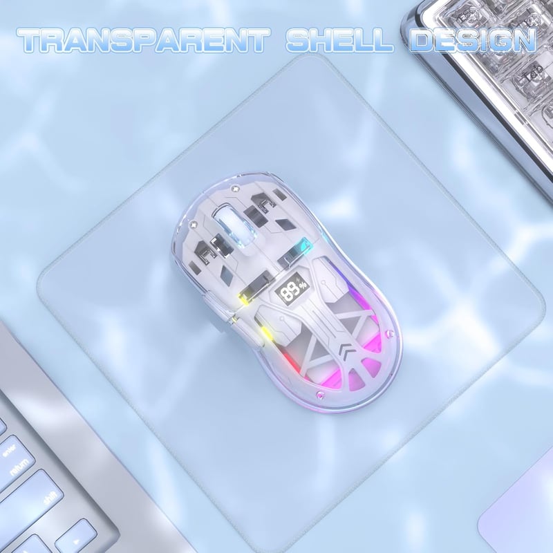 ZIYOU LANG Vezeték Nélküli Gaming Egér, PixArt PAW3212 Dual Mode 2.4G/Bluetooth Átlátszó RGB Háttérvilágítás, 4000DPI 5 Szint, Fehér