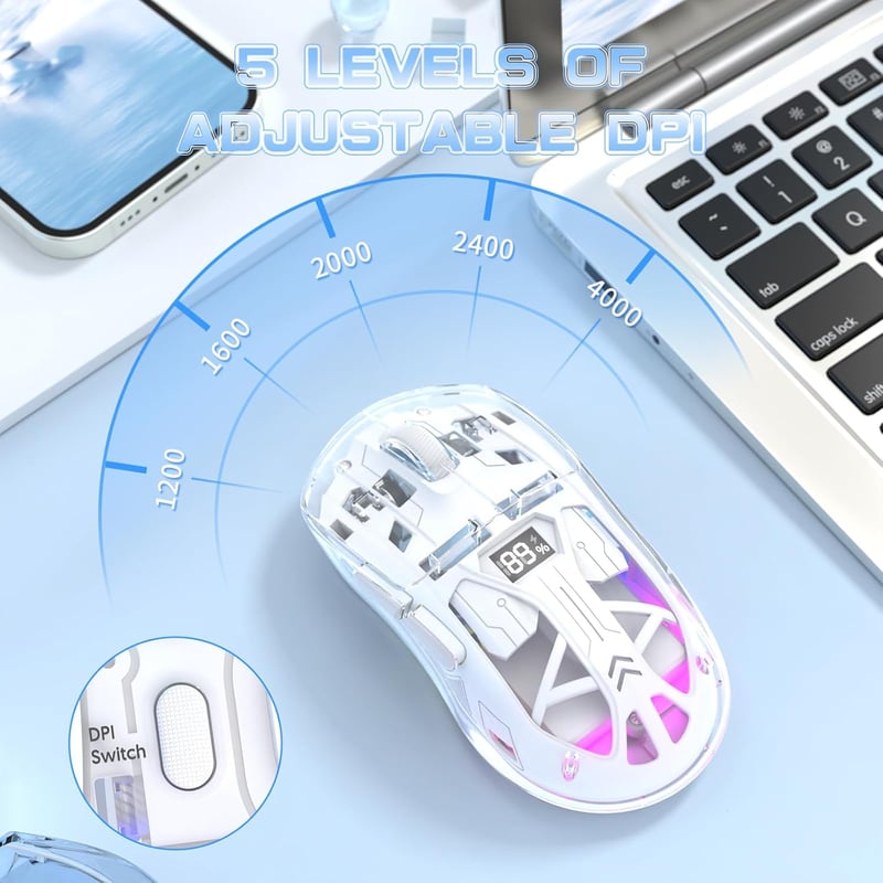 ZIYOU LANG Vezeték Nélküli Gaming Egér, PixArt PAW3212 Dual Mode 2.4G/Bluetooth Átlátszó RGB Háttérvilágítás, 4000DPI 5 Szint, Fehér