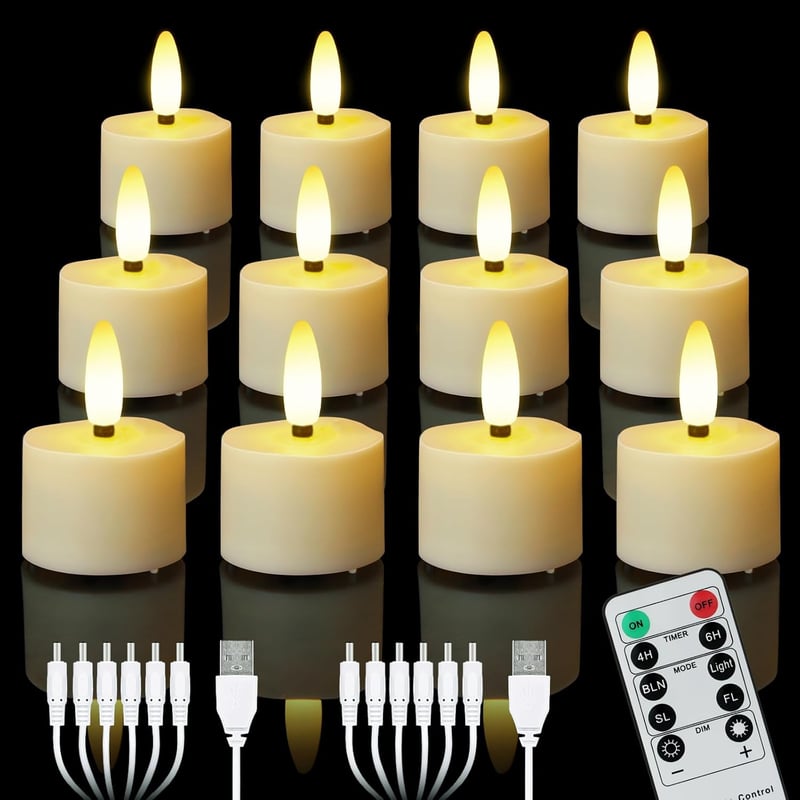 ZIYOUDOLI 12 db USB-s Tölthető LED Gyertya Távirányítóval Dimmelhető Meleg Fehér