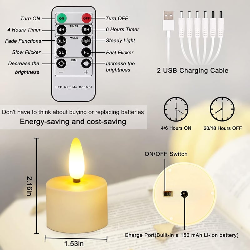 ZIYOUDOLI 12 db USB-s Tölthető LED Gyertya Távirányítóval Dimmelhető Meleg Fehér