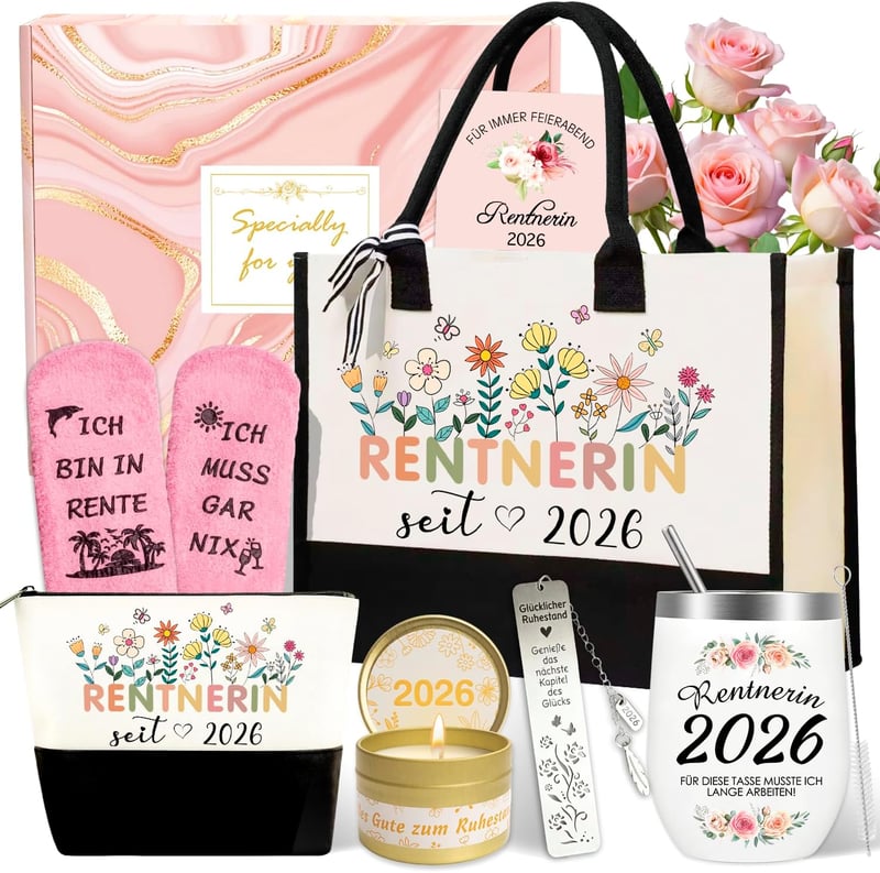ZJKUBOIS Nyugdíj Ajándék Szett Nőknek - Rozsdamentes Boros Pohár, Vicces Zokni, Juta Táska - Pack of 8