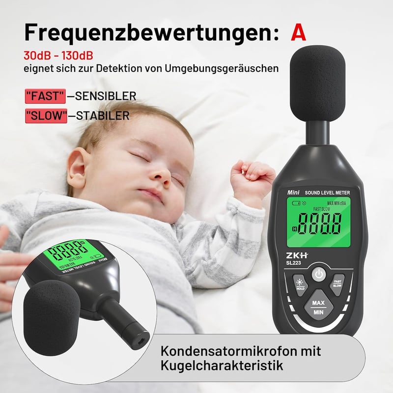 ZKH Digitális Hangerőmérő 30-130dB LCD Kijelzővel Zajmérő