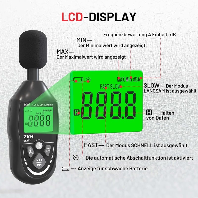 ZKH Digitális Hangerőmérő 30-130dB LCD Kijelzővel Zajmérő