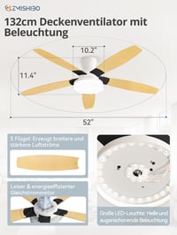 Ventilator de tavan ZMISHIBO cu iluminare, diametru 132 cm, motor DC eficient energetic, 6 viteze, 3 temperaturi de culoare, cu telecomandă 5