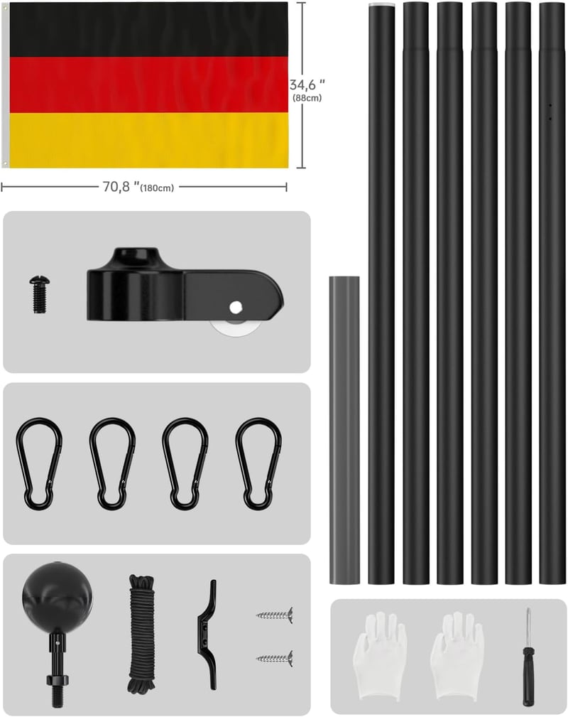 ZMTECH 6m Aluminium Zászlórúd Fekete, Kert és Otthon Dekorációhoz, Német Zászlóval - 6m (20FT), black
