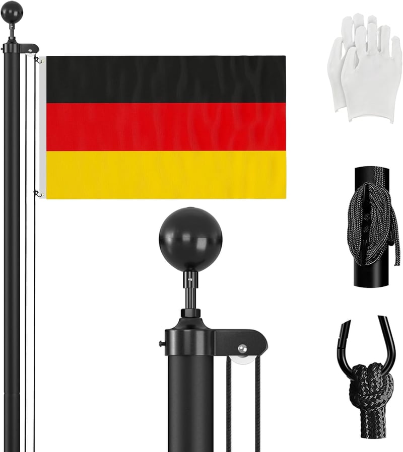 ZMTECH 6m Aluminium Zászlórúd Fekete, Kert és Otthon Dekorációhoz, Német Zászlóval - 6m (20FT), black